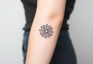 A minimalist black ink Flower of Life, centered on the forearm, with perfect geometric symmetry in cyrcle round tattoo idea