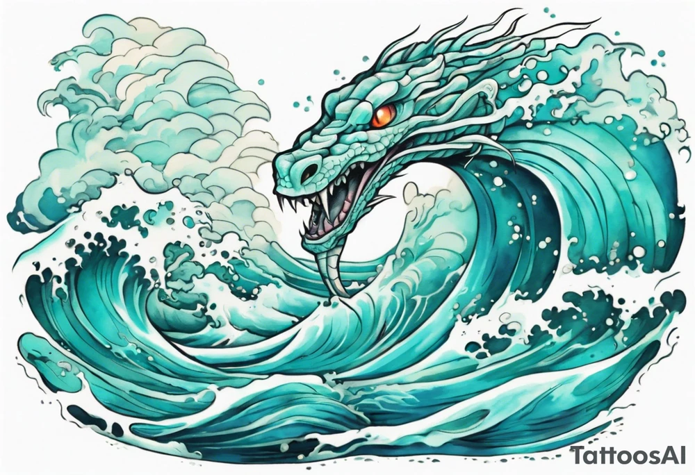 a beautiful turquoise sea serpent emerging from an ocean wave, crashing onto the shore tattoo idea