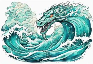 a beautiful turquoise sea serpent emerging from an ocean wave, crashing onto the shore tattoo idea