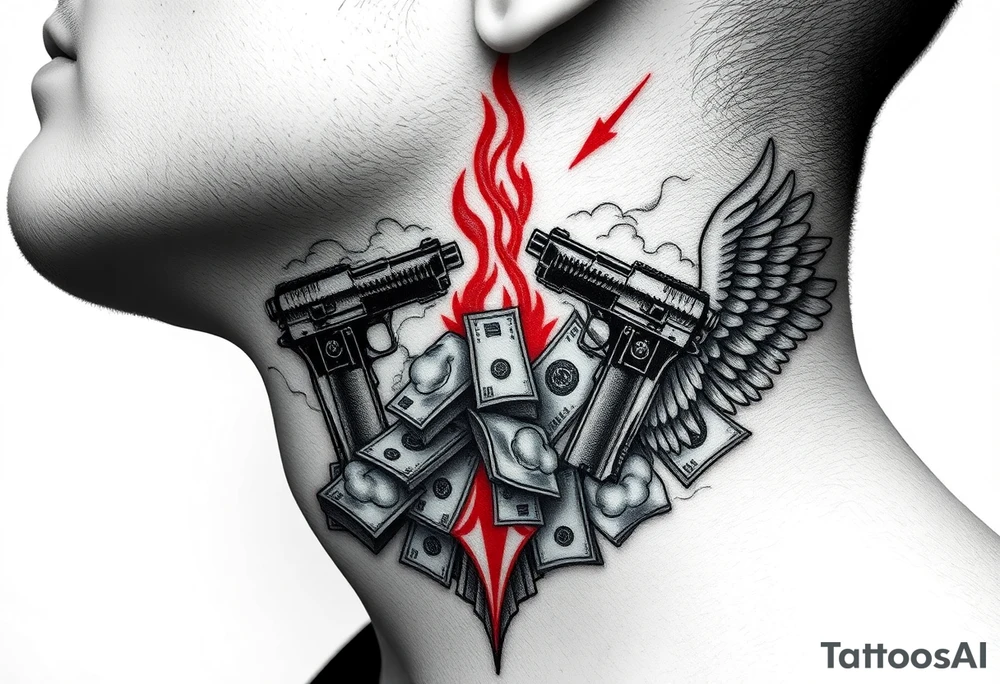 deepfull description of details with clouds,fire guns, money,angels and red tattoo idea