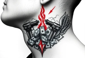 deepfull description of details with clouds,fire guns, money,angels and red tattoo idea