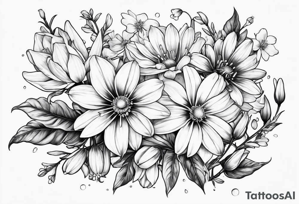 Honeysuckle, daisys,cosmos,and snowdrop sleeve tattoo tattoo idea