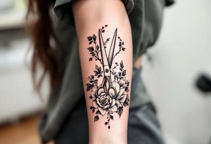 large haircutting scissors going from wrist to elbow with large flowers and vine woven around up and down the arm tattoo idea