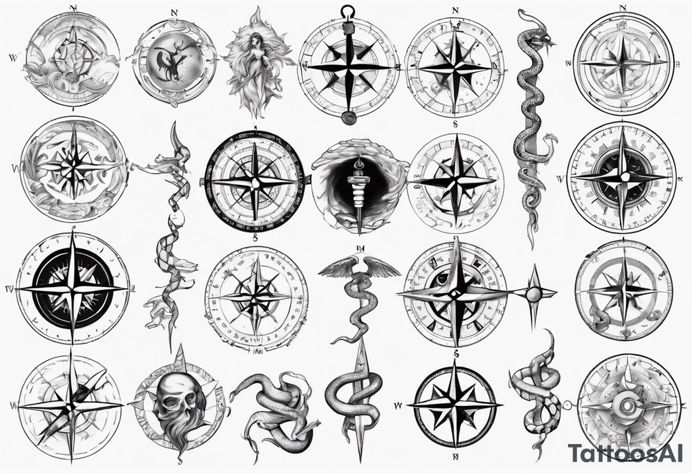 Compass tatoo with sun, Gemini , angels and snake tattoo idea