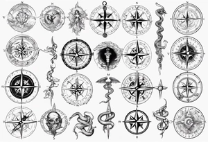 Compass tatoo with sun, Gemini , angels and snake tattoo idea