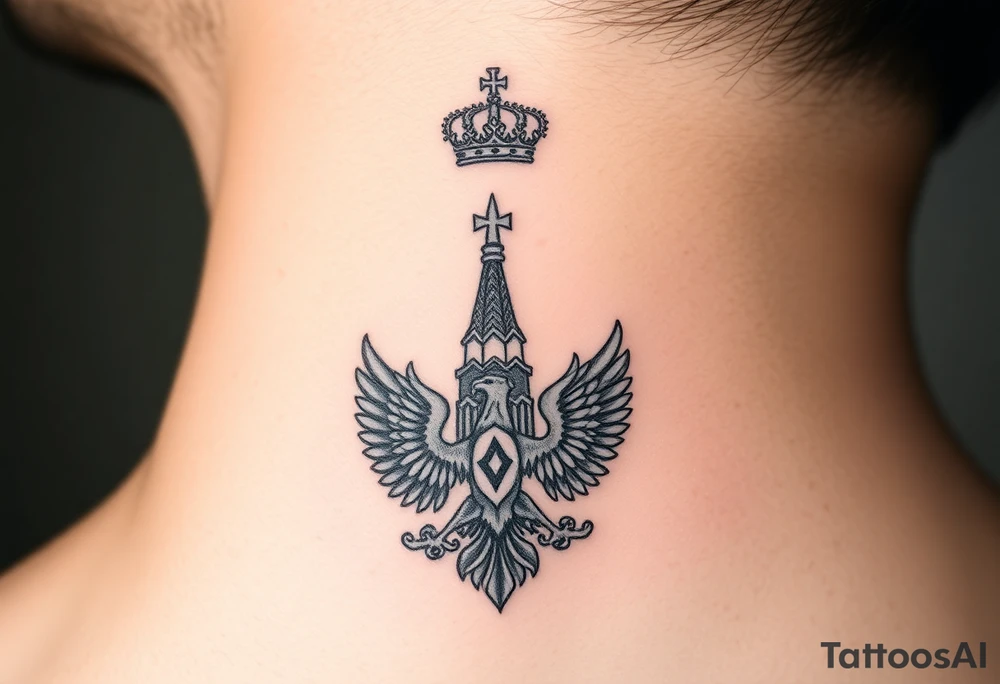 St. George, 3 russian imperial crowns above the Russian coat of arms double eagle and sitting above its wingspan sitting just above Kremlin or St. Basil's Cathedral scene  on the side of my neck tattoo idea