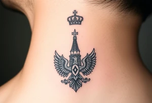 St. George, 3 russian imperial crowns above the Russian coat of arms double eagle and sitting above its wingspan sitting just above Kremlin or St. Basil's Cathedral scene  on the side of my neck tattoo idea