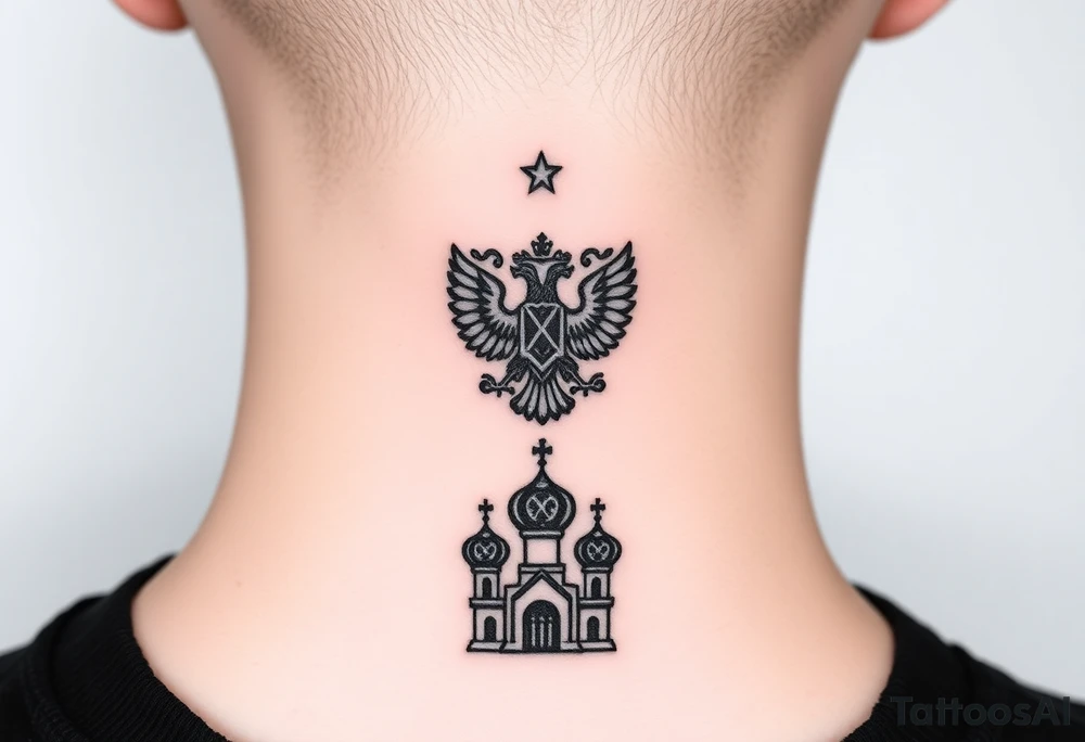 Stacked Vertical Column 

Russian star — small, bold
Middle: Miniature double-headed eagle — simplified, cleaner lines to suit the smaller space
Bottom: Orthodox church dome(s) with a small Virgin Mary silhouette beneath tattoo idea