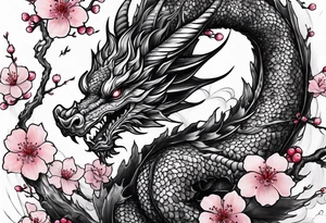 dragon with  cherry blossoms  and soot sprites tattoo idea