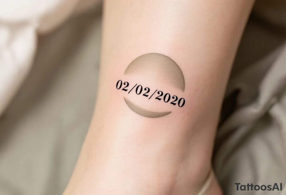 Simple 02.02.2020 in thin uppercase type and a muted olive green circle behind it. tattoo idea