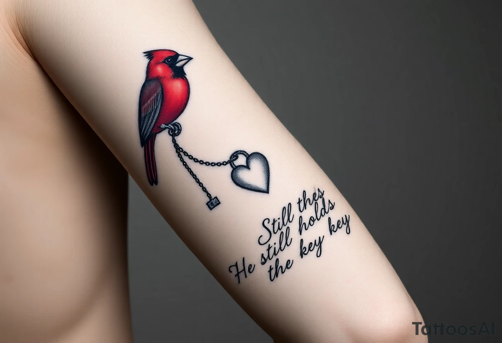💪 Prompt for Realistic Forearm Mockup

A realistic photo mockup of a tattoo on a right inner forearm. The tattoo shows a red cardinal at the top near the elbow, holding a heart-shaped key by a beaded chain in its beak. The chain flows downward toward the wrist, connecting to a heart lock tattoo near the base. Under the heart, the cursive phrase “He still holds the key” is inked in soft black script. Lighting should show skin texture and natural arm curvature, emphasizing the emotional realism of the memorial tattoo design. tattoo idea
