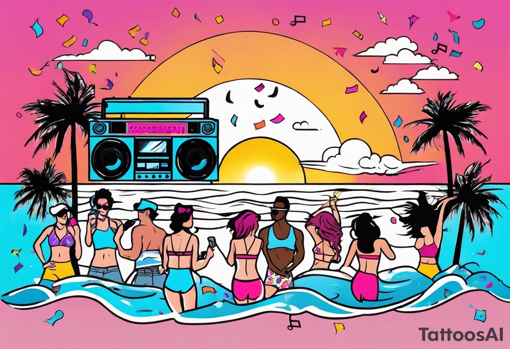 1980's miami vice style beach dance 
party, include confetti, music notes, boom box, bikinis sunset in the center tattoo idea
