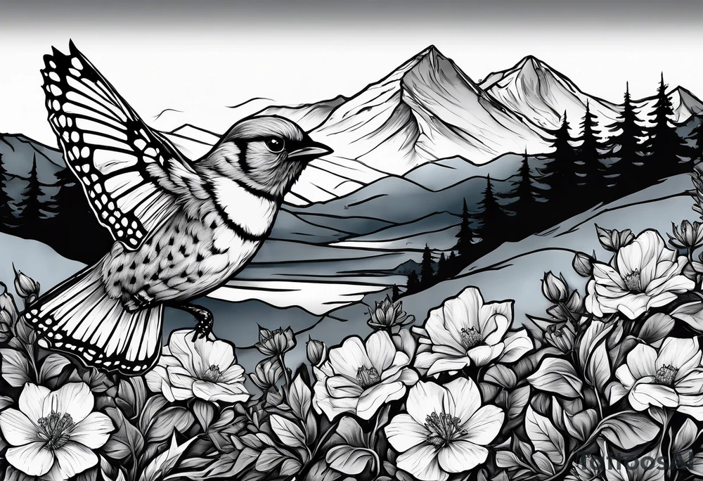 Rocky mountain peak with mountain blue birds and monarch butterflies with wild prairie roses for a half sleeve tattoo idea