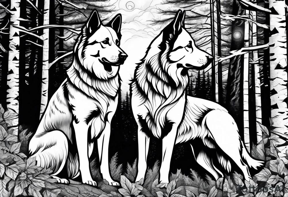 two norwegian elkhounds guarding a dark forest tattoo idea