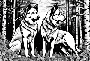 two norwegian elkhounds guarding a dark forest tattoo idea