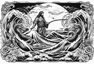 Almighty Jesus Christ fighting a powerful Serpent in the ocean tattoo idea