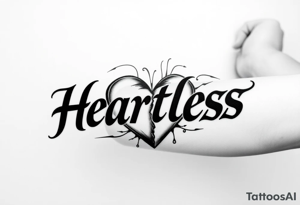Broken heartHeartless words written in majuscule with broken real heart design tattoo idea