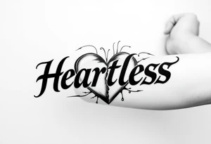 Broken heartHeartless words written in majuscule with broken real heart design tattoo idea