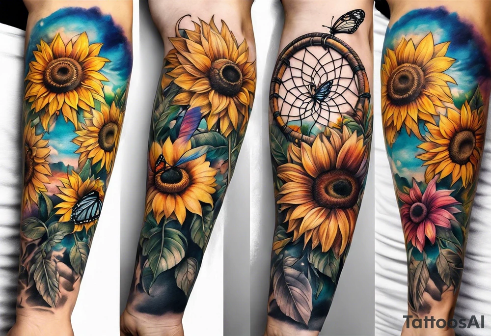 arm sleeve with dreamcatcher, rainbow sunflowers and one butterfly tattoo idea