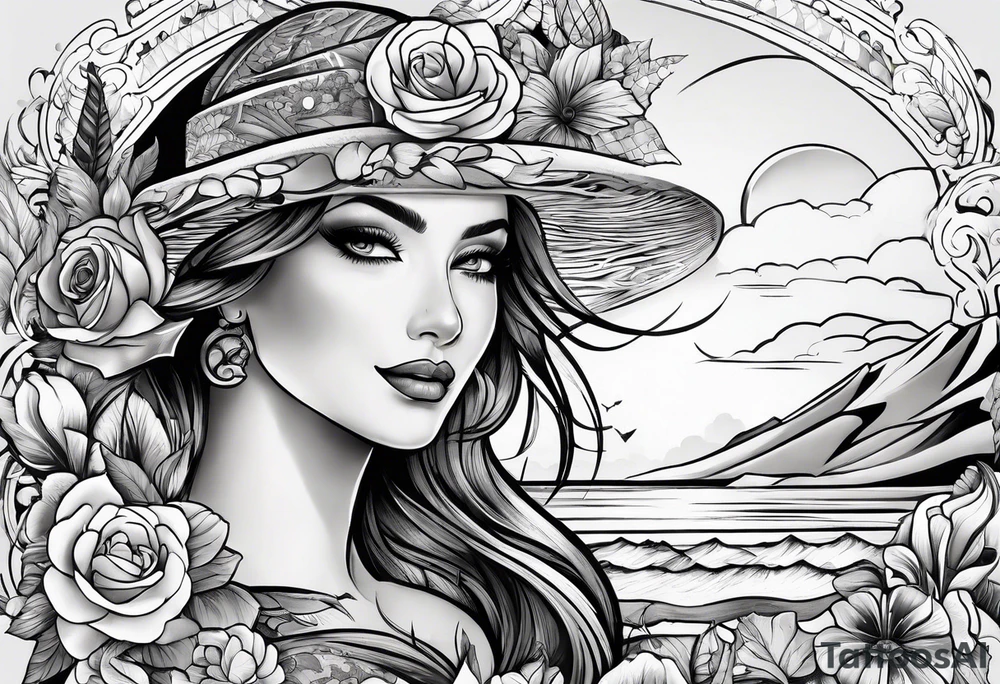 california theme upper arm sleeve tattoo idea