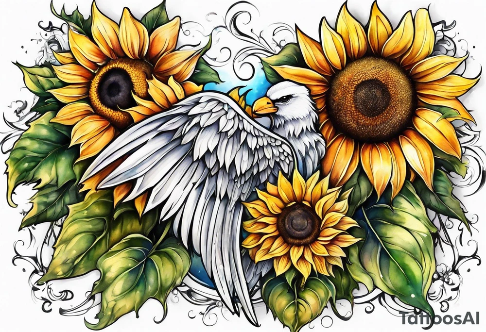 Sunflowers and angel wings leg sleeve tattoo idea