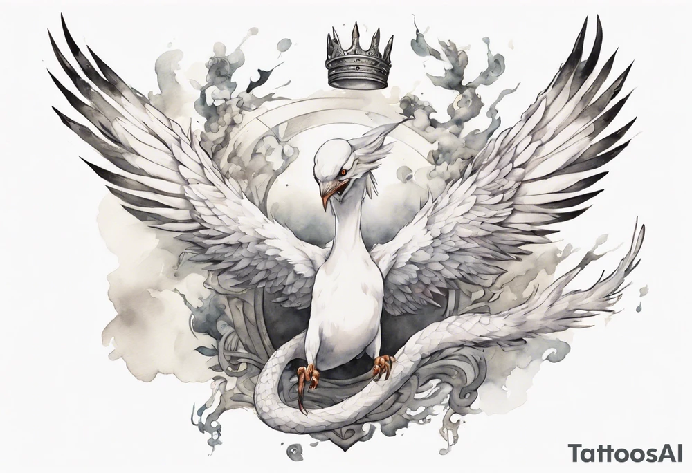 a white bird-serpent hybrid, wearing a pewter crown on its head, flying in the air tattoo idea