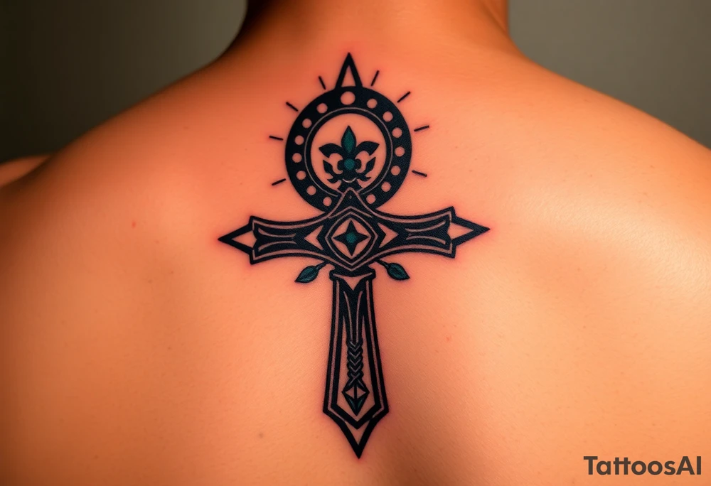 Black ankh with small details tattoo idea