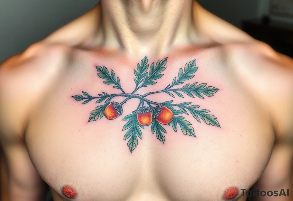 on the chest an oak branch with thick leaves and acorns oak branch with thick leaves and acorns tattoo idea