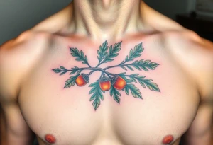 on the chest an oak branch with thick leaves and acorns oak branch with thick leaves and acorns tattoo idea