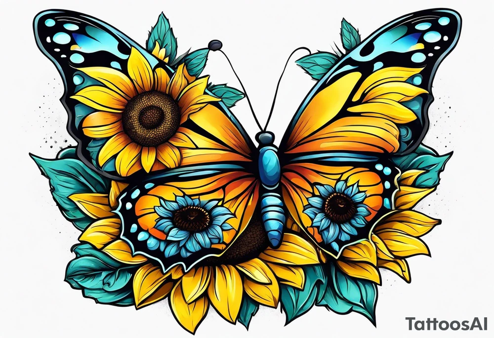 Sunflower and butterfly leg sleeve tattoo idea