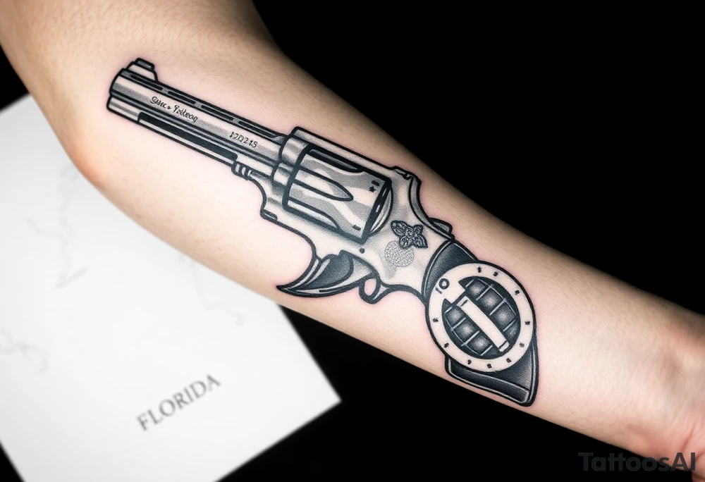 Revolver, American flag, state of florida, grenade, horseshoe, bulldog and blended into a half forearm sleeve with designed filling for a full sleeve tattoo idea