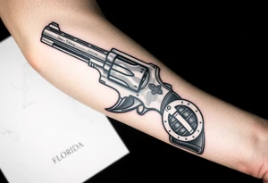 Revolver, American flag, state of florida, grenade, horseshoe, bulldog and blended into a half forearm sleeve with designed filling for a full sleeve tattoo idea