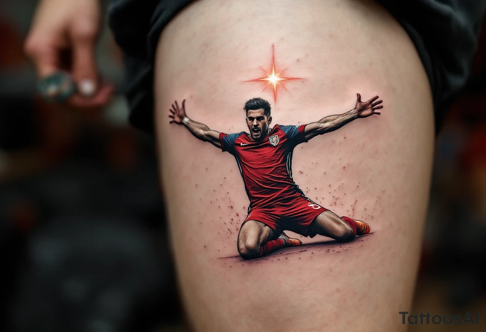 A tattoo of a player mid-slide on his knees after scoring, arms wide, in full red and white uniform with a glowing star above him. tattoo idea