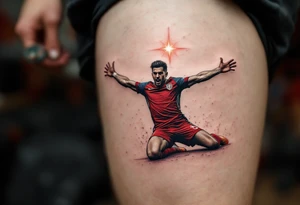 A tattoo of a player mid-slide on his knees after scoring, arms wide, in full red and white uniform with a glowing star above him. tattoo idea
