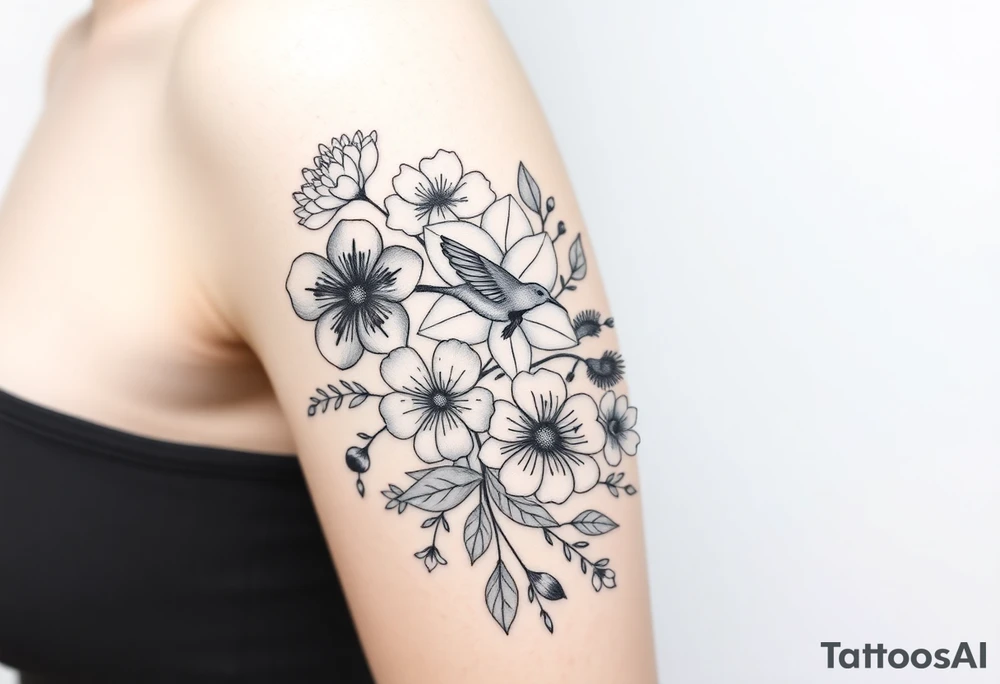 half sleeve floral bouquet done very light handed and with soft lines with the following flowers - 1 large violet, 1 large carnation, 1 large lily of the valley, 1 large narcicuss, 1 medium carnation, 1 medium violet, 1 small dafodil, 2 small water lillies, and 1 small chrysanthemum. Add a hummingbird drinking out of the large narcicuss. tattoo idea