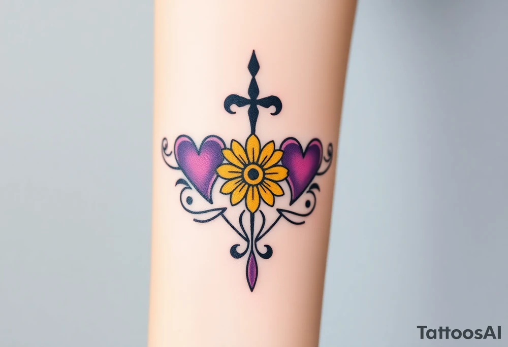 simple with Purple Hearts with yellow daisy with cross tattoo idea