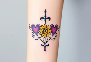 simple with Purple Hearts with yellow daisy with cross tattoo idea