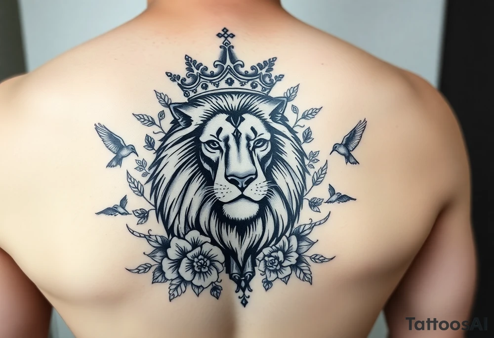 powerful majestic lion with a crown, surrounded by floral ornaments and birds tattoo idea