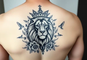 powerful majestic lion with a crown, surrounded by floral ornaments and birds tattoo idea