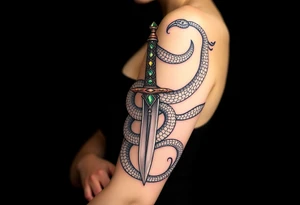 mystical snake coiled around an ancient dagger with jeweled hilt tattoo idea
