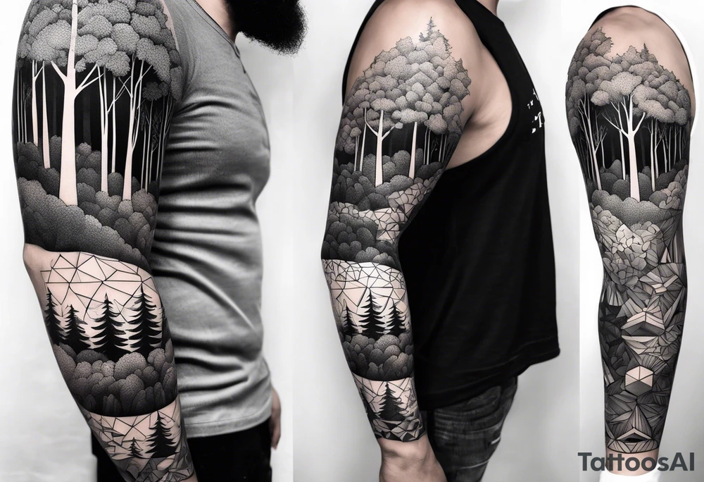 Forest ocean geometric male full leg sleeve tattoo idea