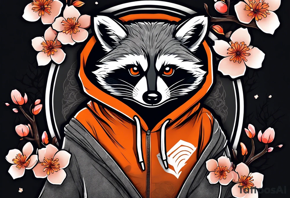 Raccoon wearing a white Superman logo on a black hoodie and orange Japanese cherry blossoms tattoo idea