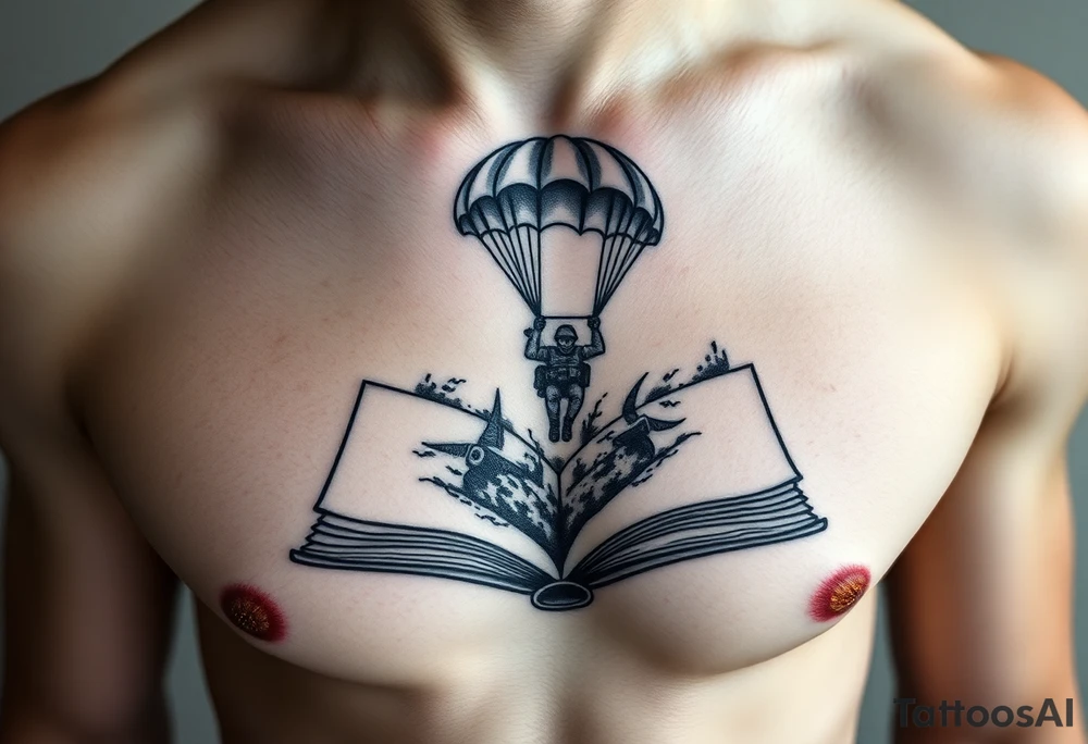 A parachuting soldier landing into an open book. Chaos surrounding, but the book is protecting the soldier from it. On the chest. Make the tattoo smaller. Make it thought provoking. Make the chaos in the environment be an eerie mist. Make the pages in the book be blank. Just one soldier, no other characters. the book is old. tattoo idea