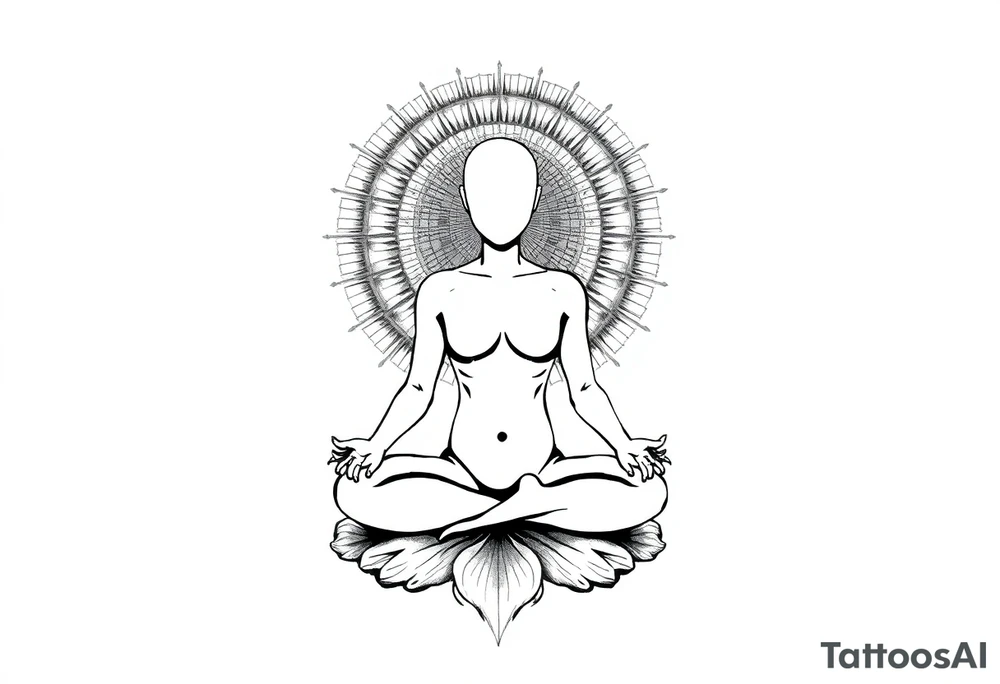 a figure - just a shadow /outline sitting in lotus position meditating based on the lyrics “doing time in the universal mind” by the doors - with a psychedelic trippy background that correlates to TIME as the meditation expands out from his head into the universe / cosmos tattoo idea