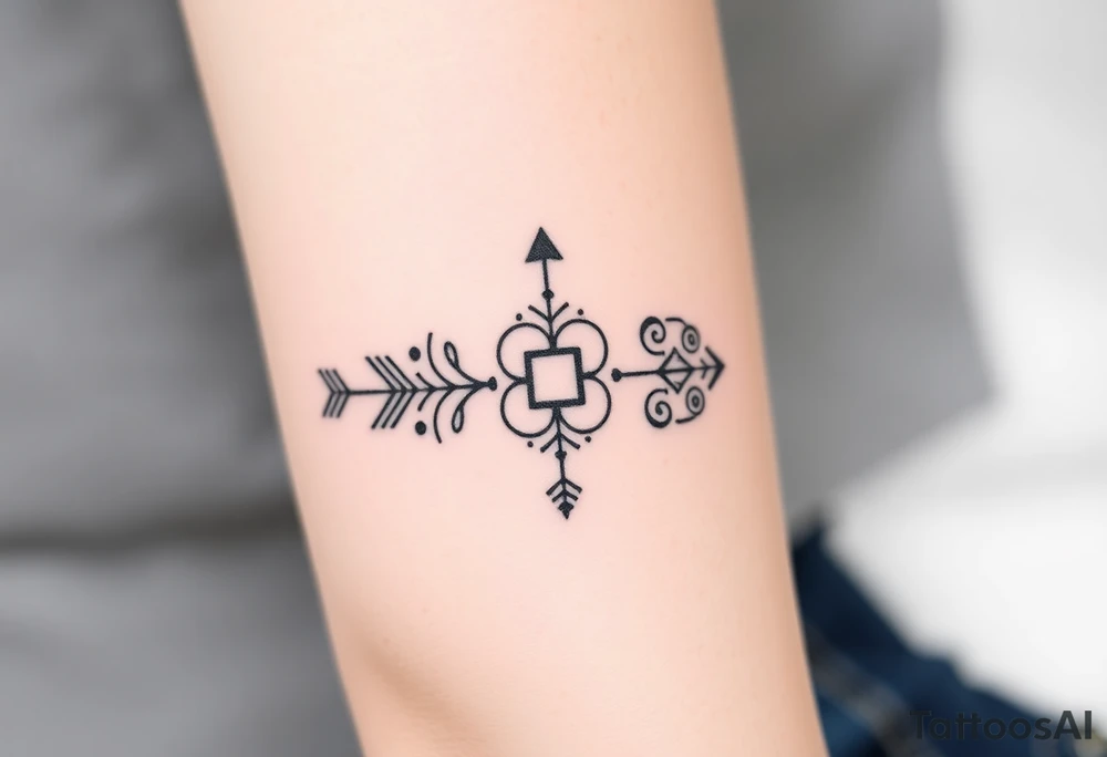 Geometric arrow with 5 Symbolic elements for each family member. Two base elements for my husband and I, intertwined floral patterns like mirrored vines or spiral paisleys representing our identical twins, and a Gemini zodiac sign for my son. Use feminine-yet-bold linework and Interconnected elements to reflect family unity tattoo idea