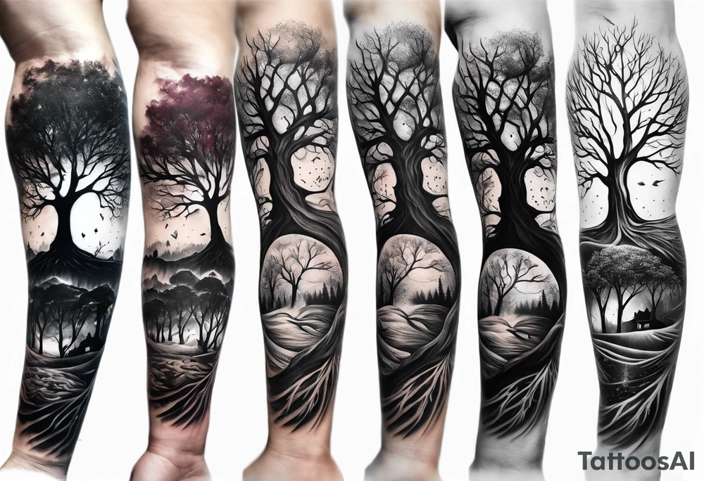 A forearm tattoo portraying a tree progressing from death to life tattoo idea