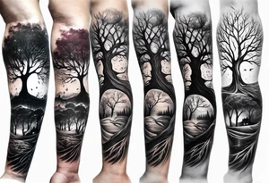 A forearm tattoo portraying a tree progressing from death to life tattoo idea