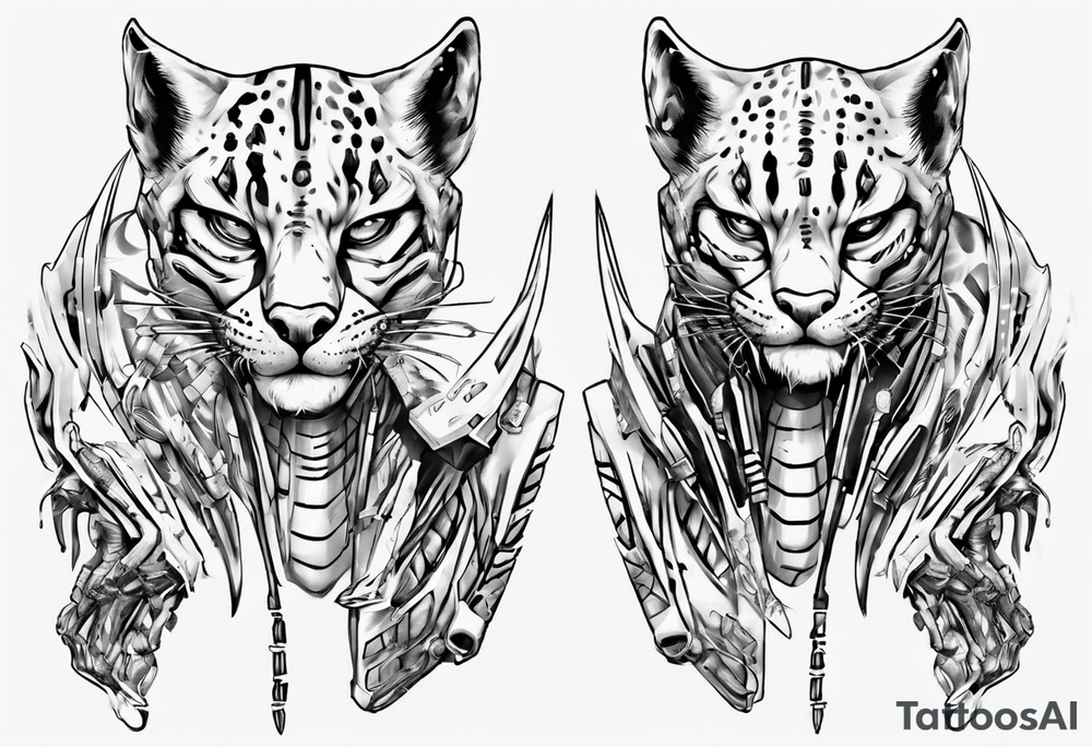 cybernetic ocelot full body teeth showing tattoo idea