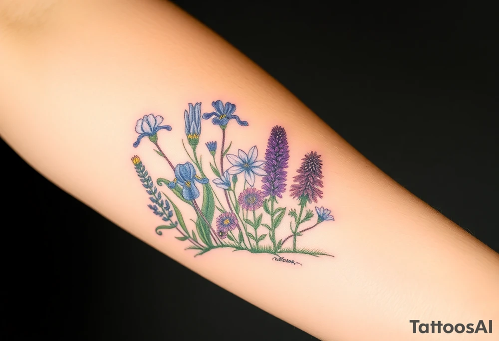 a bunch of cutleaf coneflower, blue flag iris, bee balm, obedient plant, purple coneflower on a hill with grass with wildlife tattoo idea