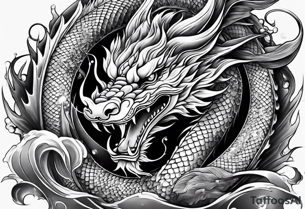 Chinese dragon, koi, water, black, shoulder tattoo idea
